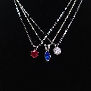 Red White Blue Stone Round & Oblong Stone Pendant Necklace Lot 3  Silver Tone